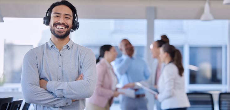 Call center, smile and portrait of customer service agent with headset, mockup and happy face in support office. Smiling business man, help desk consultant with care and confidence at crm agency job