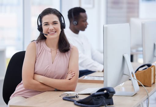 Call center, proud portrait and woman consultant, telemarketing agent or crm communication worker smile. Telecom, virtual advisor or technical support person in office online consulting or networking.