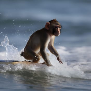 Monkey animal playing on beach in sea - side portrait. Animal primate surfer waiting for wave. Wildlife concept