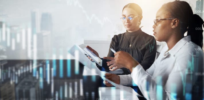 Women, tablet or documents in futuristic finance management, stock market trading or investment data analysis. Financial workers, abstract 3d or chart analytics, teamwork collaboration or technology.