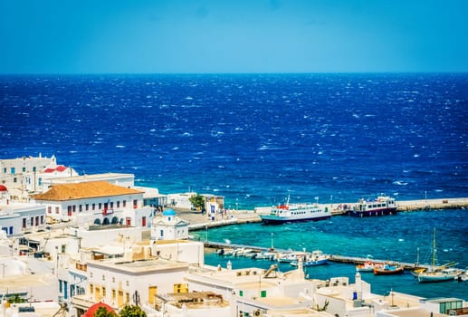 Beautiful view of Mykonos town at sunny day