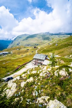 Rest house high in alpine mountains