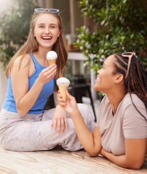 Friends eating ice cream, happy with dessert outdoor and travel with freedom, snack and smile while on holiday. Diversity, happiness and eat gelato, summer and together with women bonding in Italy.