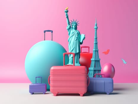 Colorful travel and summer concept with suitcase with colorful background. Generative AI.