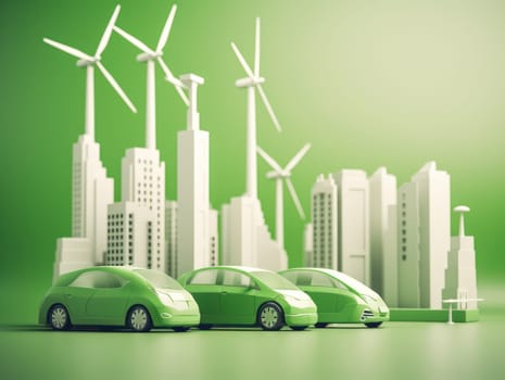 Green energy and sustainable concept, electric car and green city paper cut art. Generative AI.