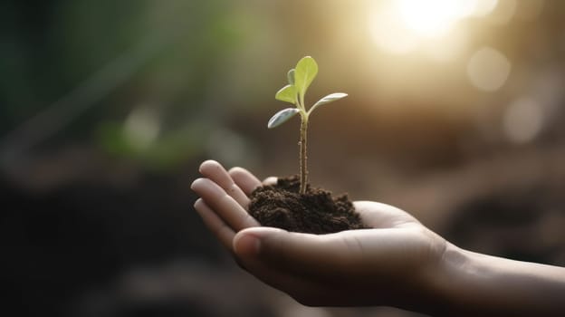 Close Up Plant in male Hands. Care of the Environment. Ecology concept. Generative AI.