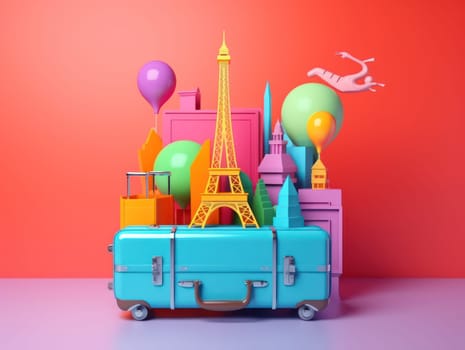 Colorful travel and summer concept with suitcase with colorful background. Generative AI.