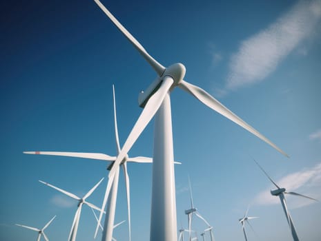 Wind turbines generating electricity with blue sky, energy conservation concept. Generative AI.