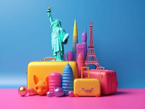Colorful travel and summer concept with suitcase with colorful background. Generative AI.