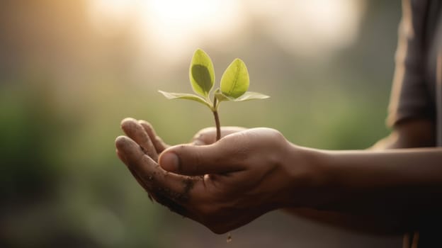 Close Up Plant in male Hands. Care of the Environment. Ecology concept. Generative AI.