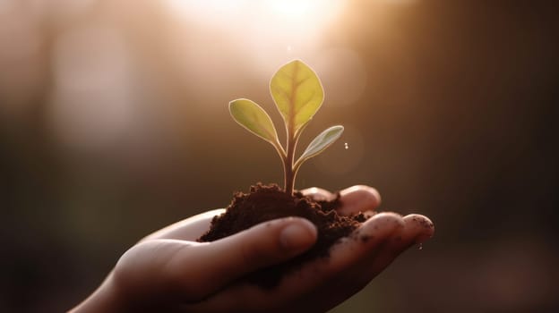 Close Up Plant in male Hands. Care of the Environment. Ecology concept. Generative AI.