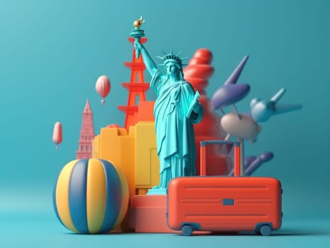 Colorful travel and summer concept with suitcase with colorful background. Generative AI.