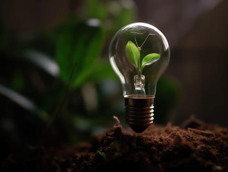 Tree growing on light bulb with sunshine in nature. saving energy and eco concept. Generative AI.