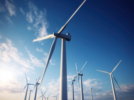 Wind turbines generating electricity with blue sky, energy conservation concept. Generative AI.