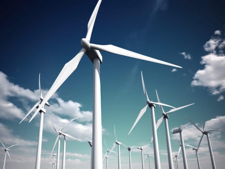 Wind turbines generating electricity with blue sky, energy conservation concept. Generative AI.