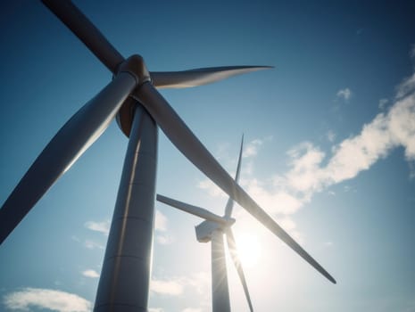 Wind turbines generating electricity with blue sky, energy conservation concept. Generative AI.