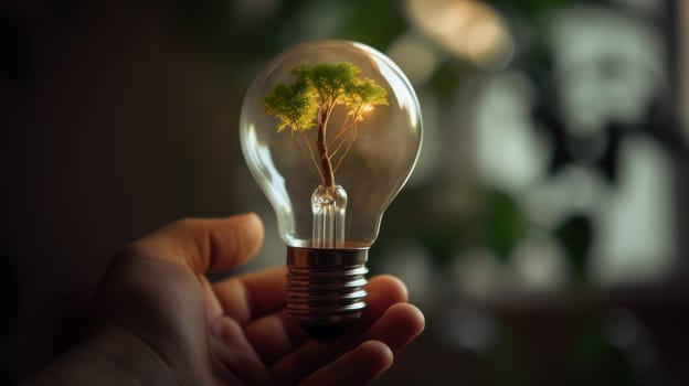 A small tree planted in an energy-saving light bulb, holding by a hand, green energy. Generative AI.