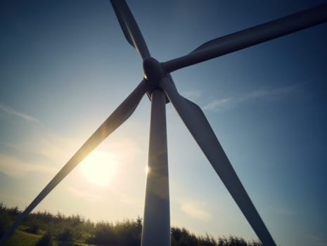 Wind turbines generating electricity with blue sky, energy conservation concept. Generative AI.