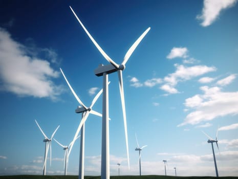 Wind turbines generating electricity with blue sky, energy conservation concept. Generative AI.