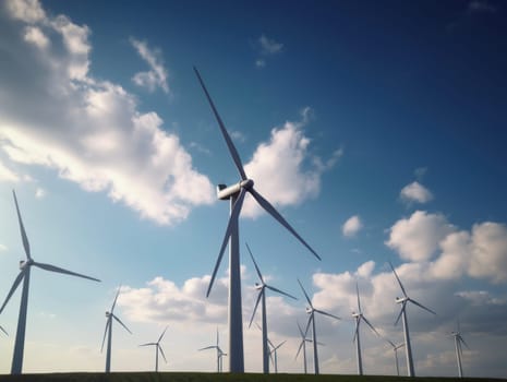 Wind turbines generating electricity with blue sky, energy conservation concept. Generative AI.