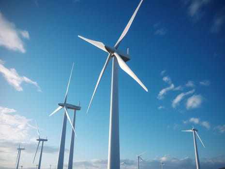 Wind turbines generating electricity with blue sky, energy conservation concept. Generative AI.