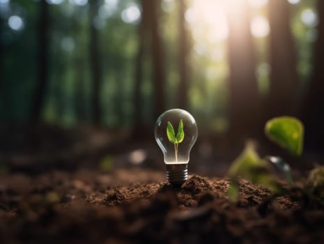 Tree growing on light bulb with sunshine in nature. saving energy and eco concept. Generative AI.