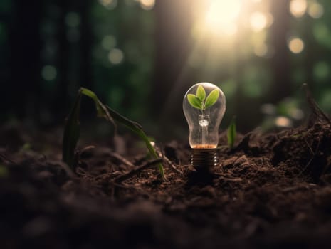 Tree growing on light bulb with sunshine in nature. saving energy and eco concept. Generative AI.