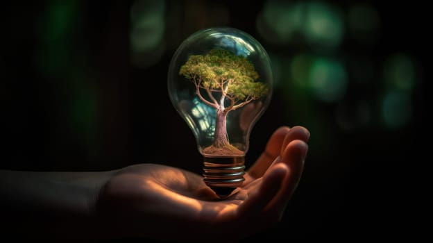 A small tree planted in an energy-saving light bulb, holding by a hand, green energy. Generative AI.