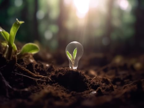 Tree growing on light bulb with sunshine in nature. saving energy and eco concept. Generative AI.