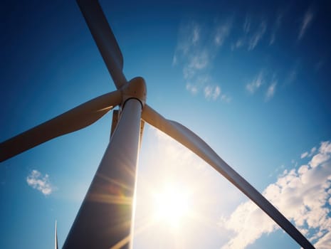 Wind turbines generating electricity with blue sky, energy conservation concept. Generative AI.