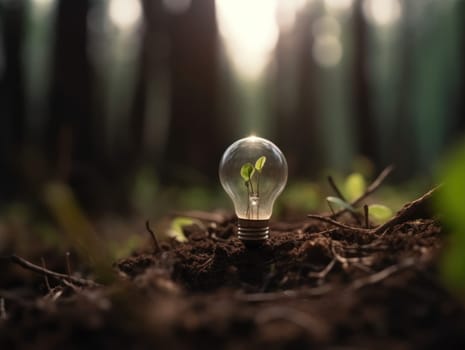 Tree growing on light bulb with sunshine in nature. saving energy and eco concept. Generative AI.