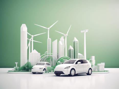 Green energy and sustainable concept, electric car and green city paper cut art. Generative AI.