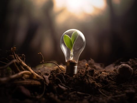 Tree growing on light bulb with sunshine in nature. saving energy and eco concept. Generative AI.