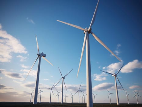 Wind turbines generating electricity with blue sky, energy conservation concept. Generative AI.