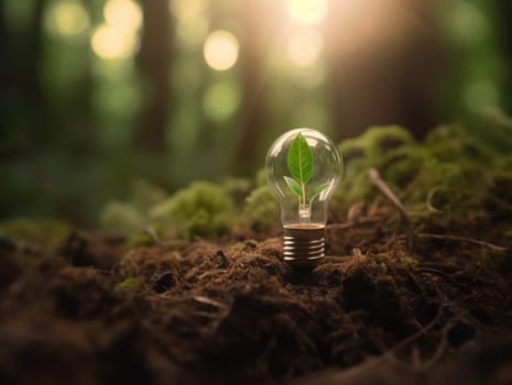 Tree growing on light bulb with sunshine in nature. saving energy and eco concept. Generative AI.