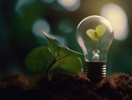 Tree growing on light bulb with sunshine in nature. saving energy and eco concept. Generative AI.