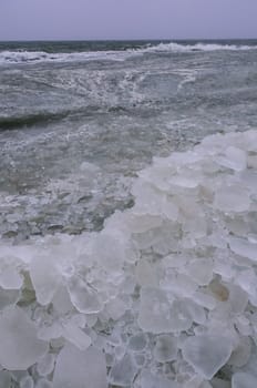 Round and pancaked ice near the shore of the frozen Black Sea, harsh winter of 2011