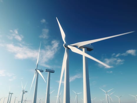 Wind turbines generating electricity with blue sky, energy conservation concept. Generative AI.