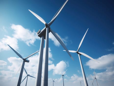 Wind turbines generating electricity with blue sky, energy conservation concept. Generative AI.