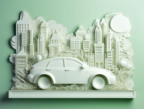 Green energy and sustainable concept, electric car and green city paper cut art. Generative AI.