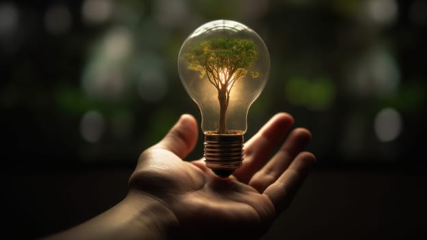 A small tree planted in an energy-saving light bulb, holding by a hand, green energy. Generative AI.