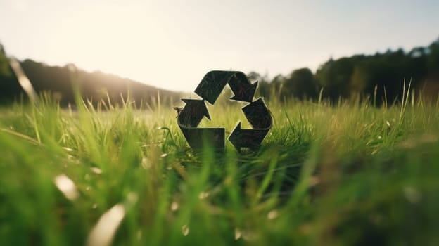 Recycle symbol on the green grass, sustainable and eco environment concept. Generative AI.