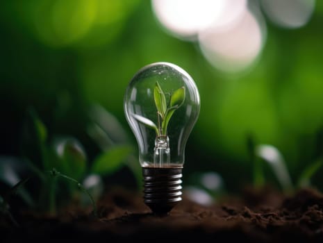 Tree growing on light bulb with sunshine in nature. saving energy and eco concept. Generative AI.