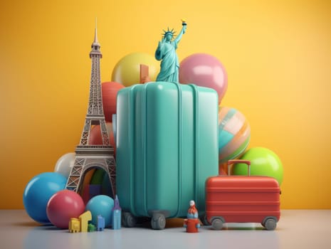 Colorful travel and summer concept with suitcase with colorful background. Generative AI.