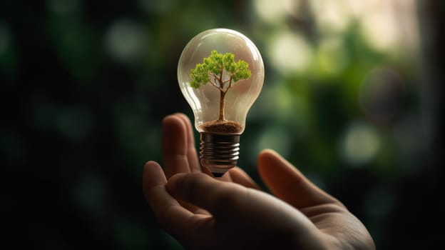A small tree planted in an energy-saving light bulb, holding by a hand, green energy. Generative AI.