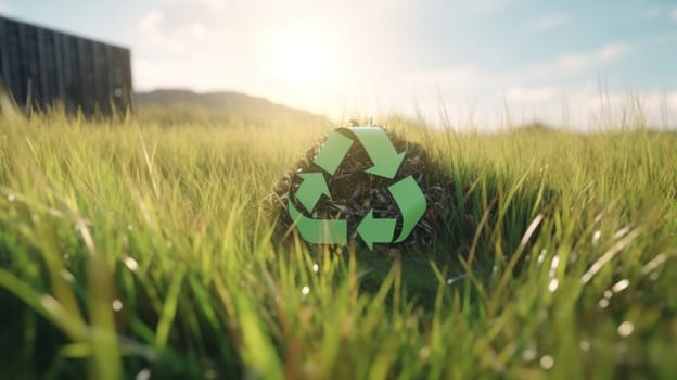 Recycle symbol on the green grass, sustainable and eco environment concept. Generative AI.