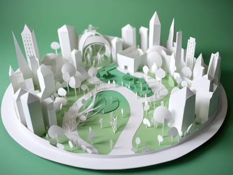 Green energy and sustainable concept, electric car and green city paper cut art. Generative AI.