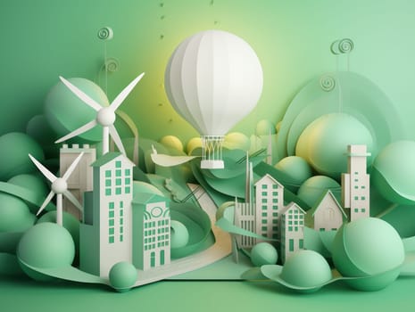 Green energy and sustainable concept, electric car and green city paper cut art. Generative AI.