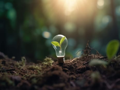 Tree growing on light bulb with sunshine in nature. saving energy and eco concept. Generative AI.