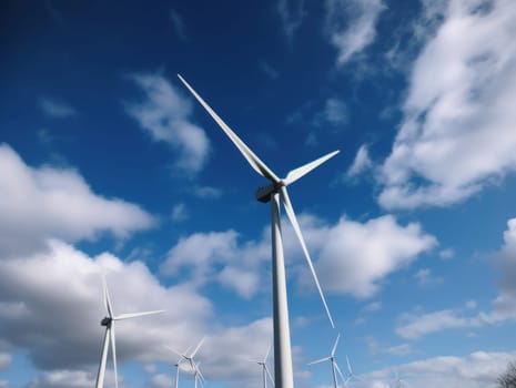 Wind turbines generating electricity with blue sky, energy conservation concept. Generative AI.